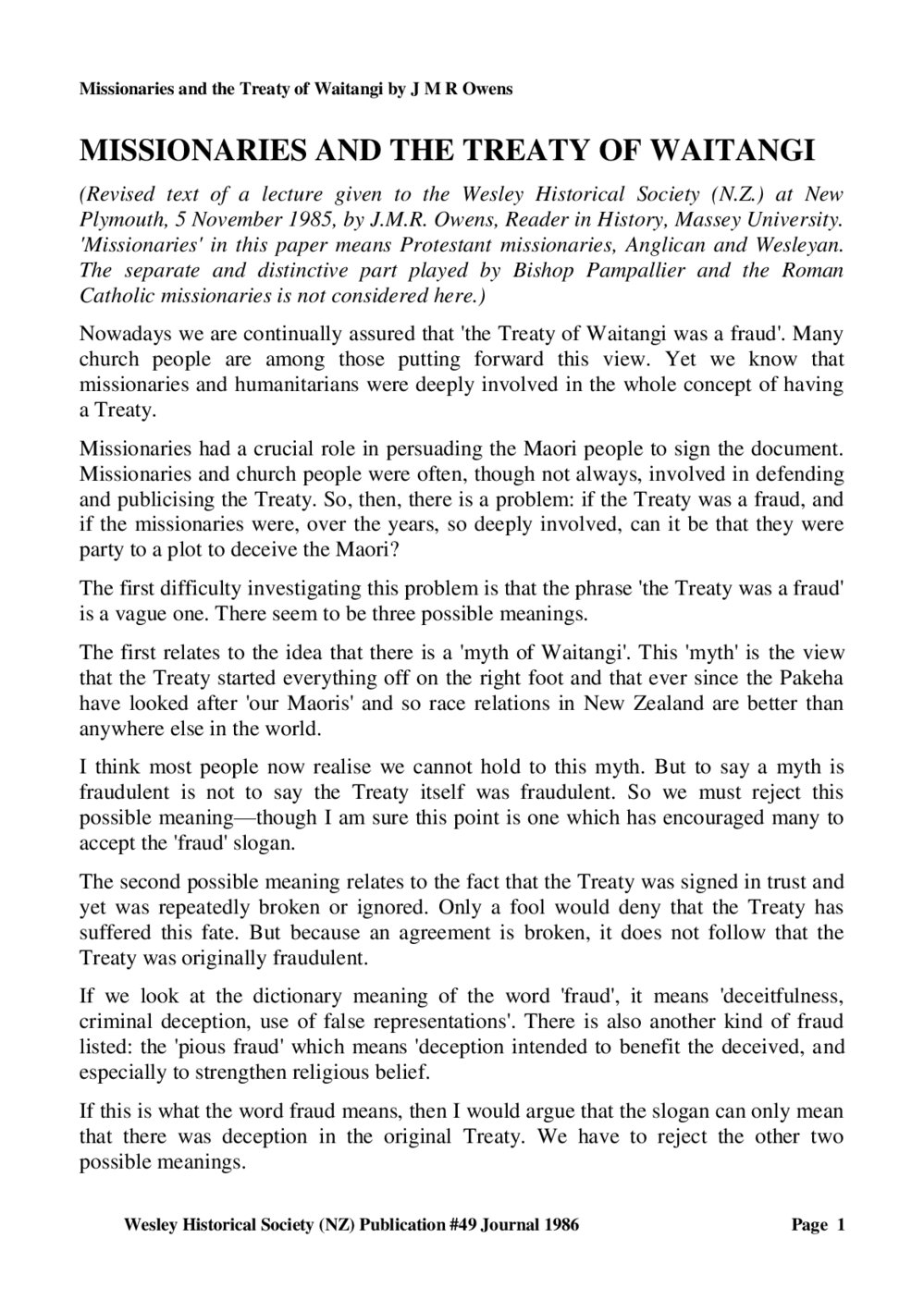 49 MISSIONARIES AND THE TREATY OF WAITANGI - Wesley Historical Society Proceedings