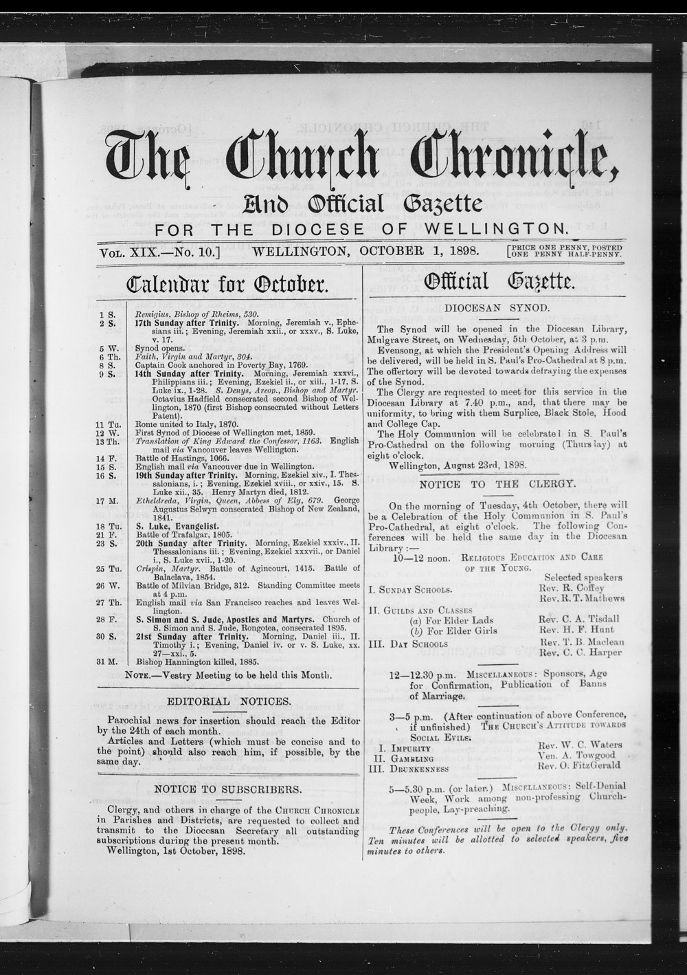 The Church Chronicle, Wellington: 1st October 1898