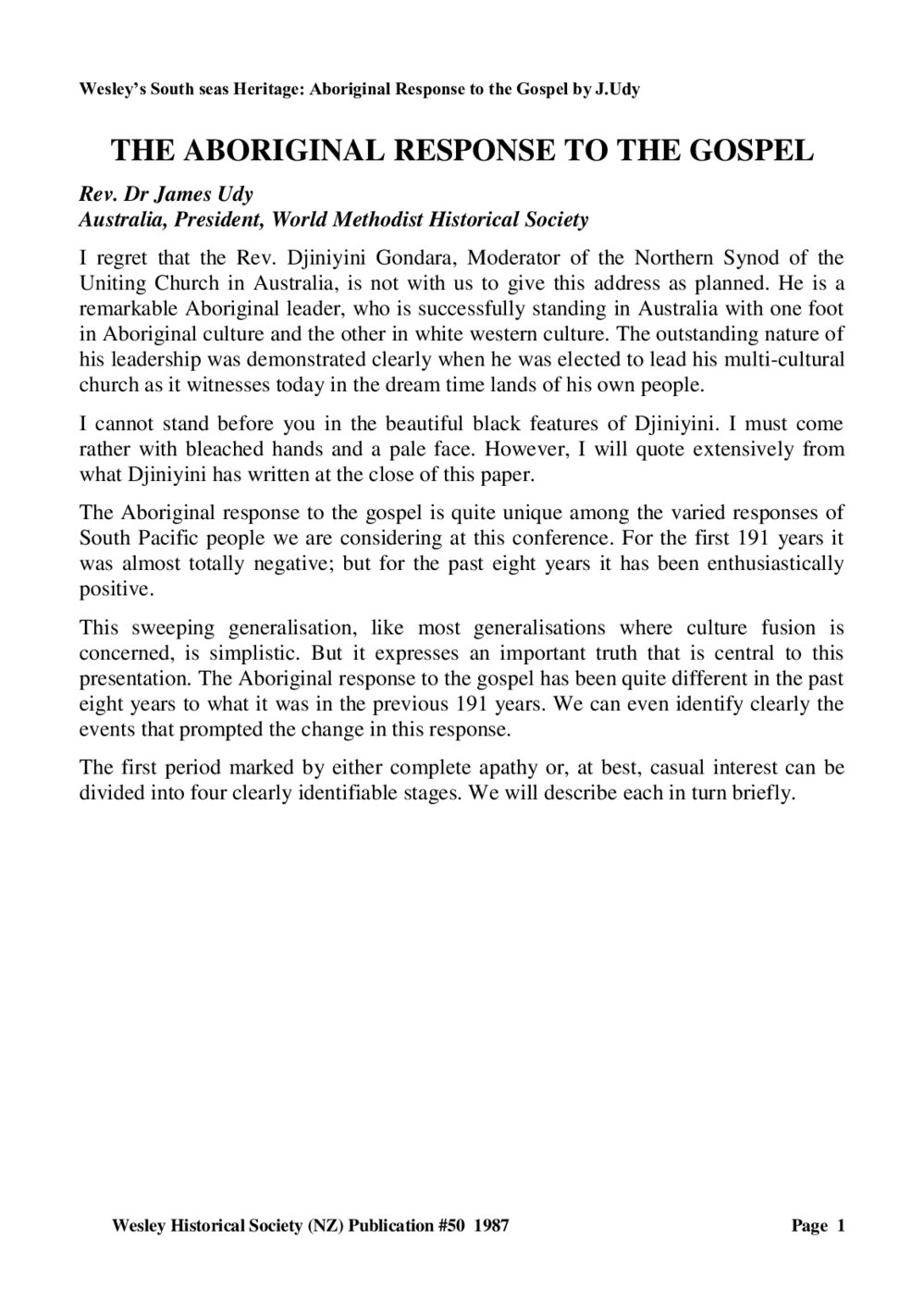 50e Aboriginal Response - Wesley Historical Society Proceedings