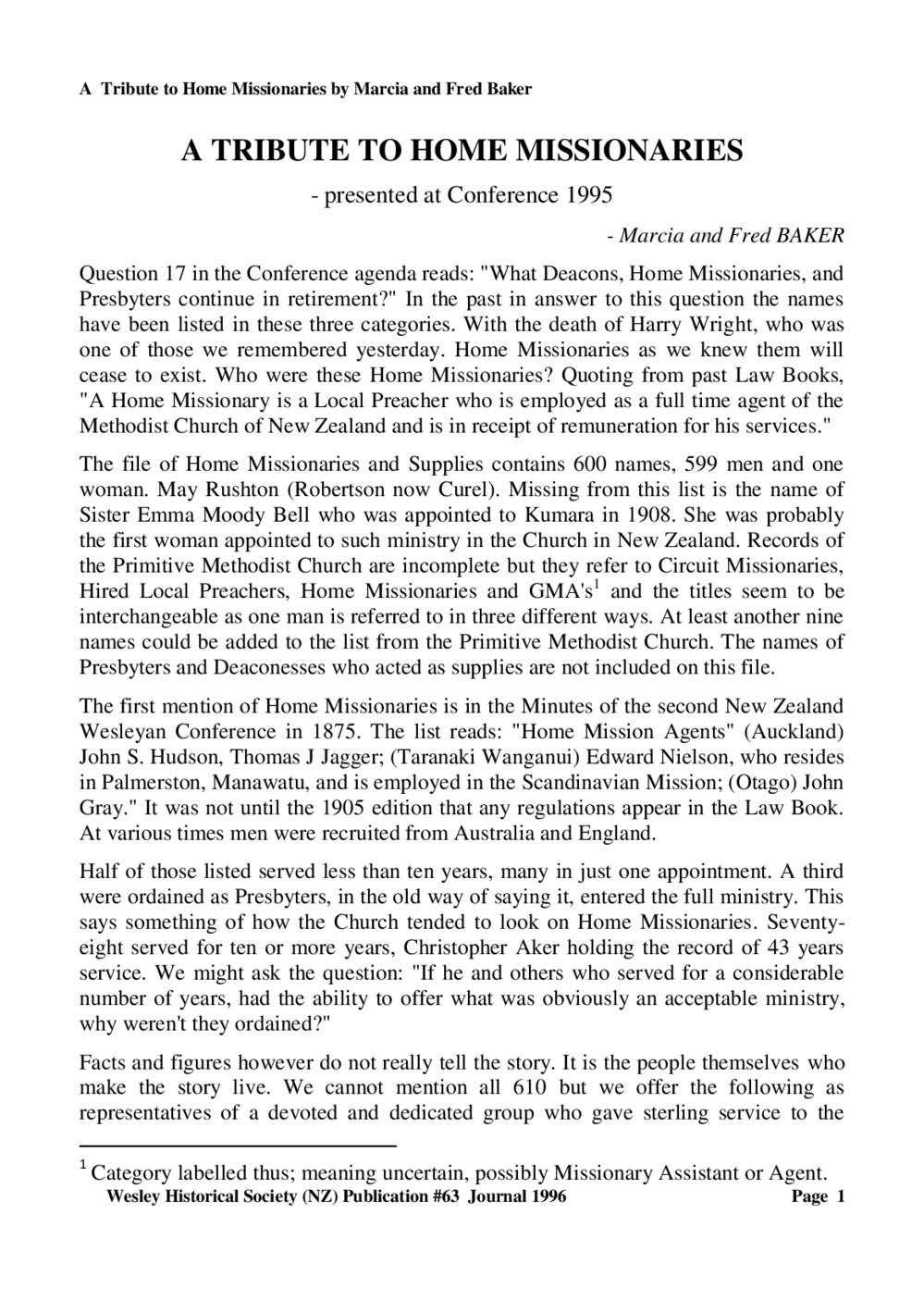 63 (5) A TRIBUTE TO HOME MISSIONARIES - Wesley Historical Society Proceedings