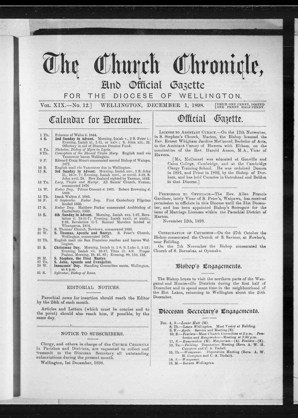 The Church Chronicle, Wellington: 1st December 1898
