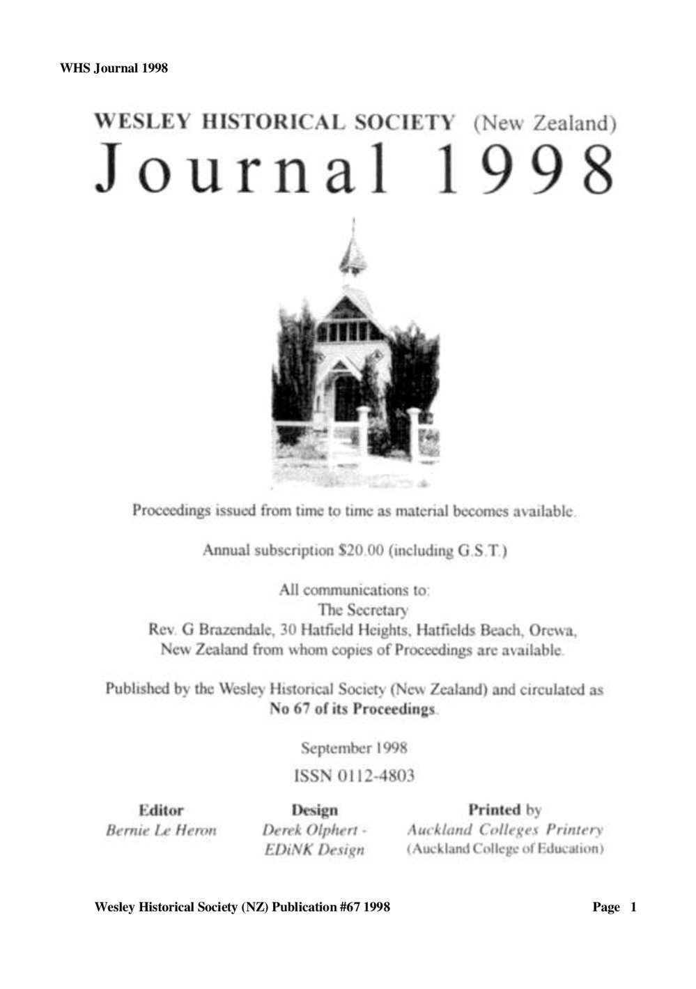 67 Journal 1998 - Wesley Historical Society Proceedings