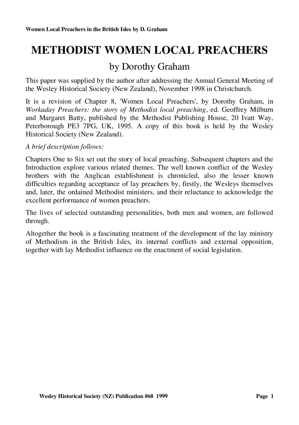 68 METHODIST WOMEN LOCAL - Wesley Historical Society Proceedings