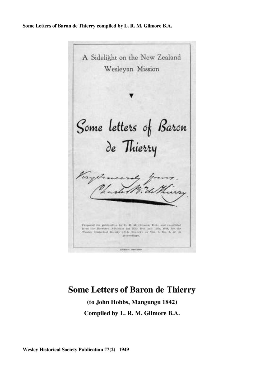 7 (2) Letters of Baron deThierry - Wesley Historical Society Proceedings