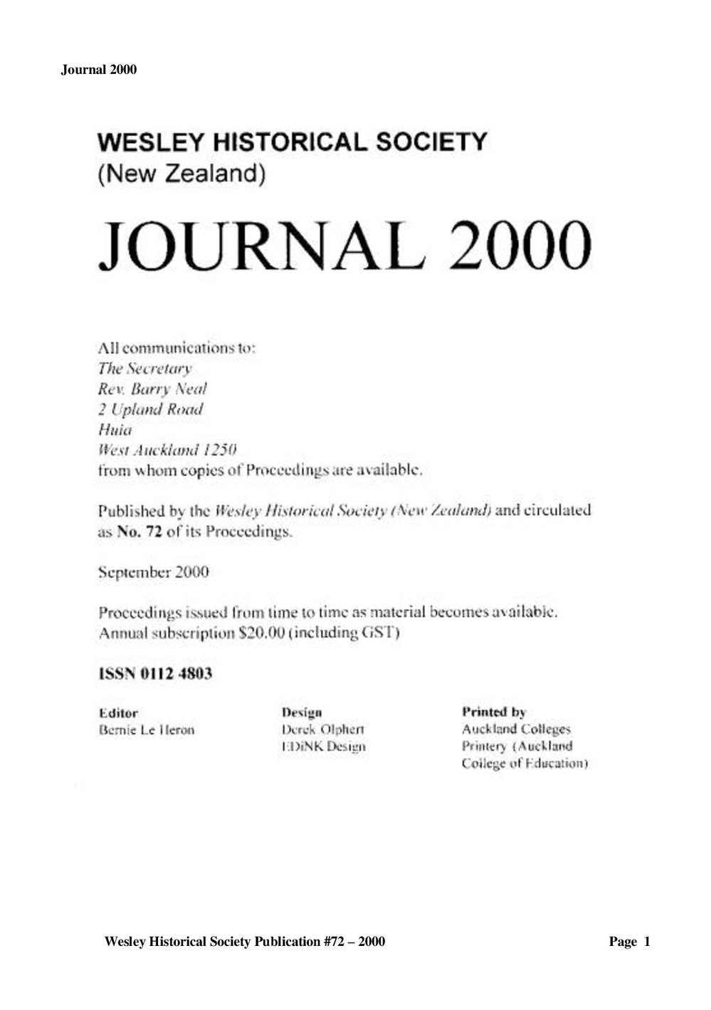 72 Journal 2000 - Wesley Historical Society Proceedings
