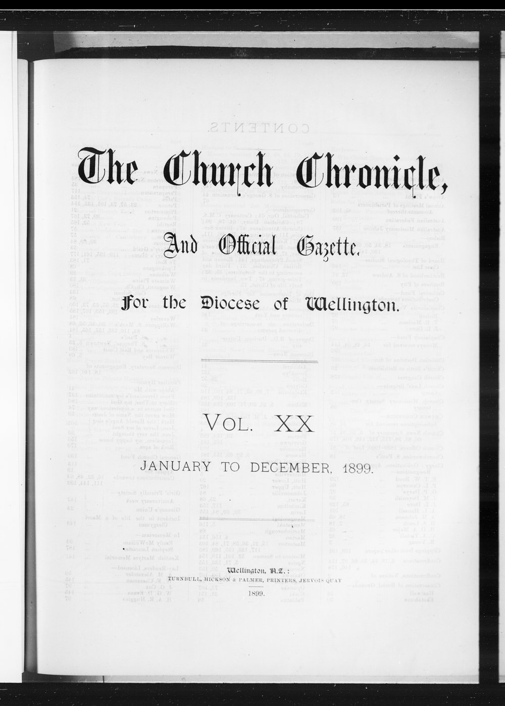 The Church Chronicle, Wellington: 1899 Contents