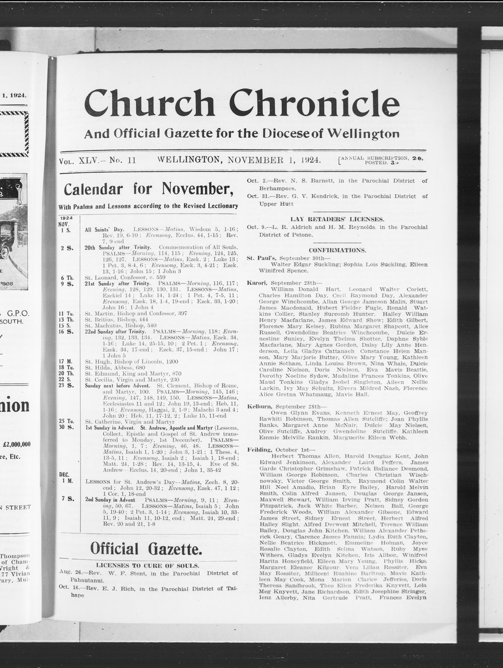 The Church Chronicle, Wellington: 1st November 1924