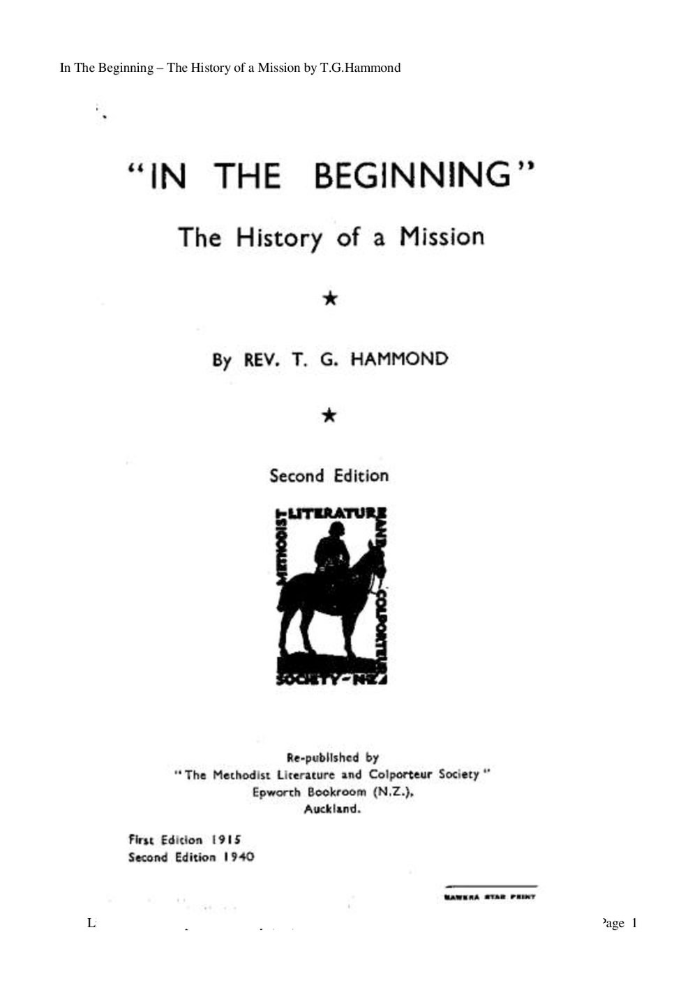 In the Beginning - Wesley Historical Society Proceedings