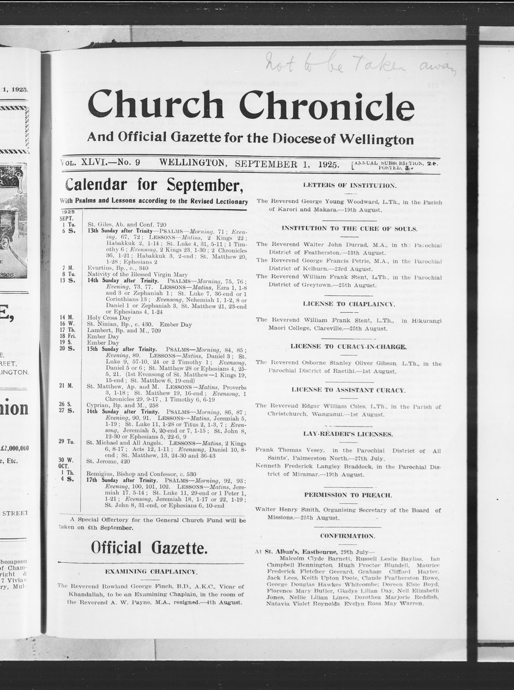 The Church Chronicle, Wellington: 1st September 1925