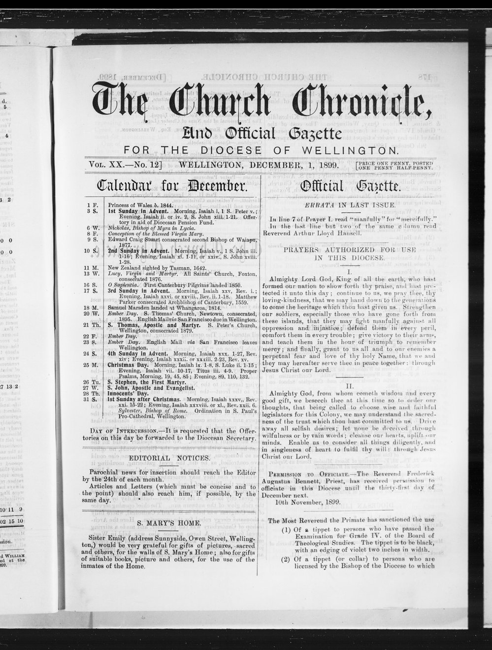 The Church Chronicle, Wellington: 1st December 1899