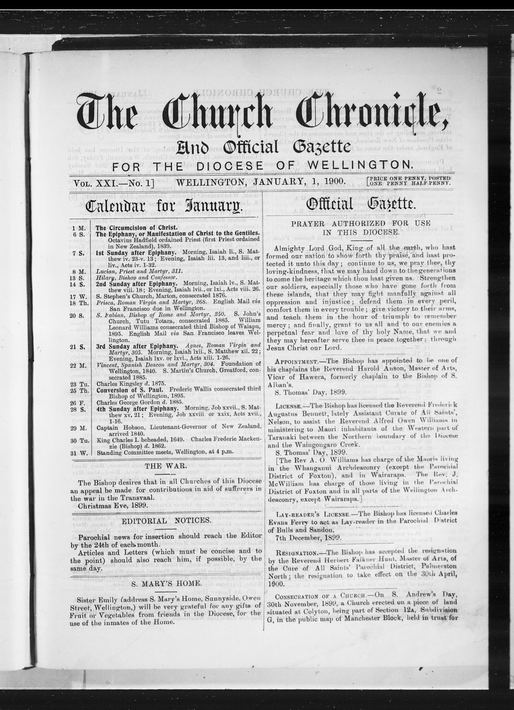The Church Chronicle, Wellington: 1st January 1900