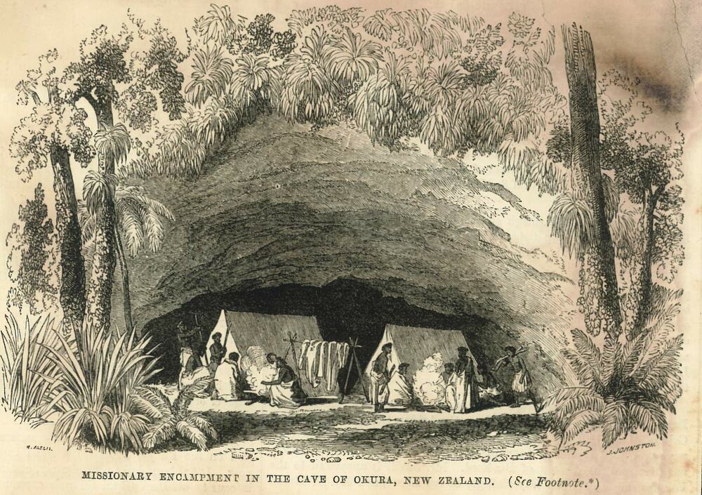Missionary encampment in the cave of Okura, New Zealand.