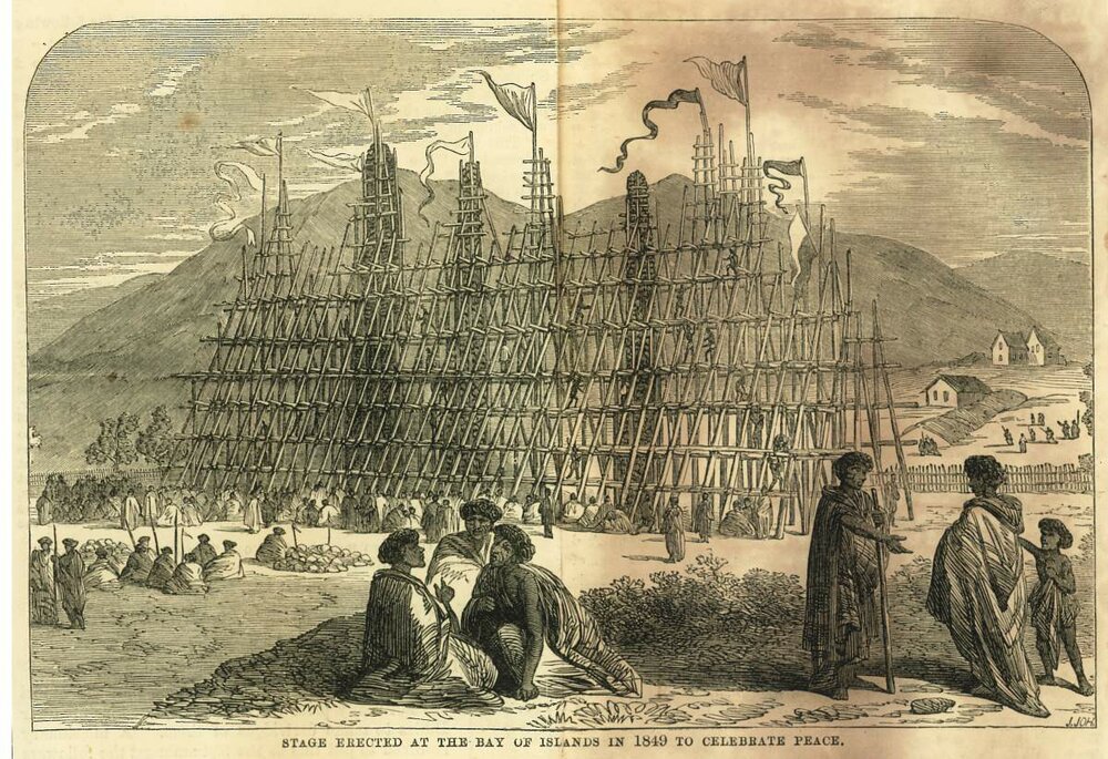 Stage erected at the Bay of Islands in 1849 to celebrate peace.