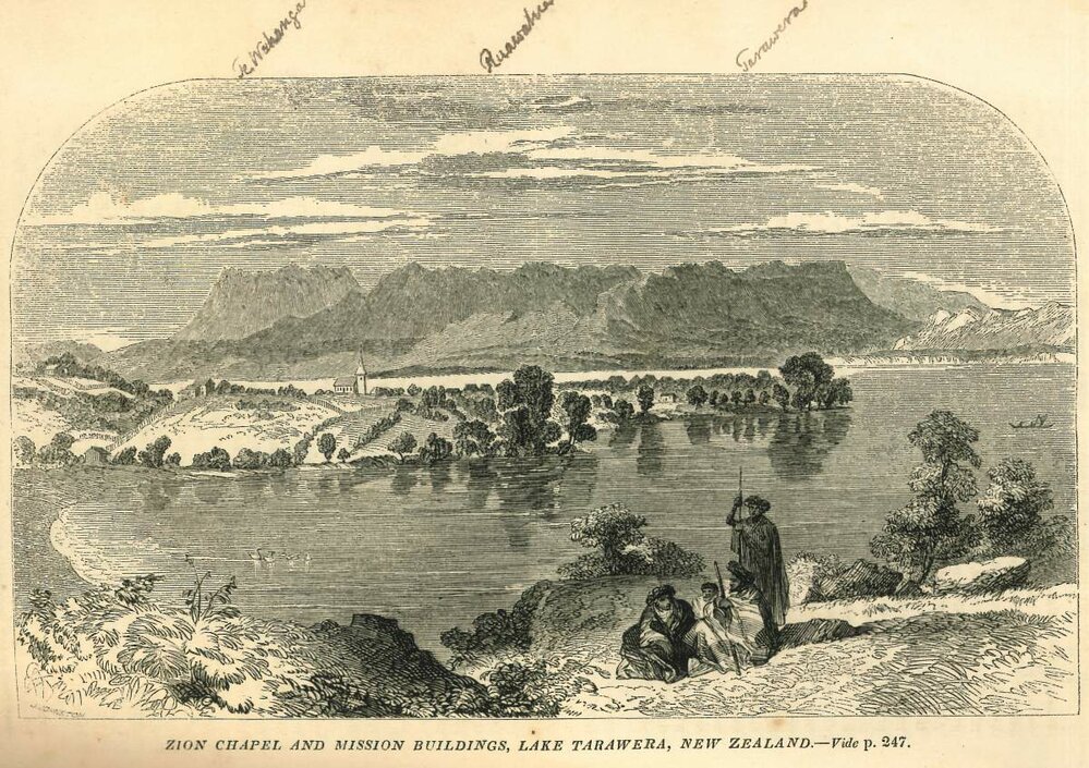 Zion Chapel and mission buildings, Lake Tarawera, New Zealand.