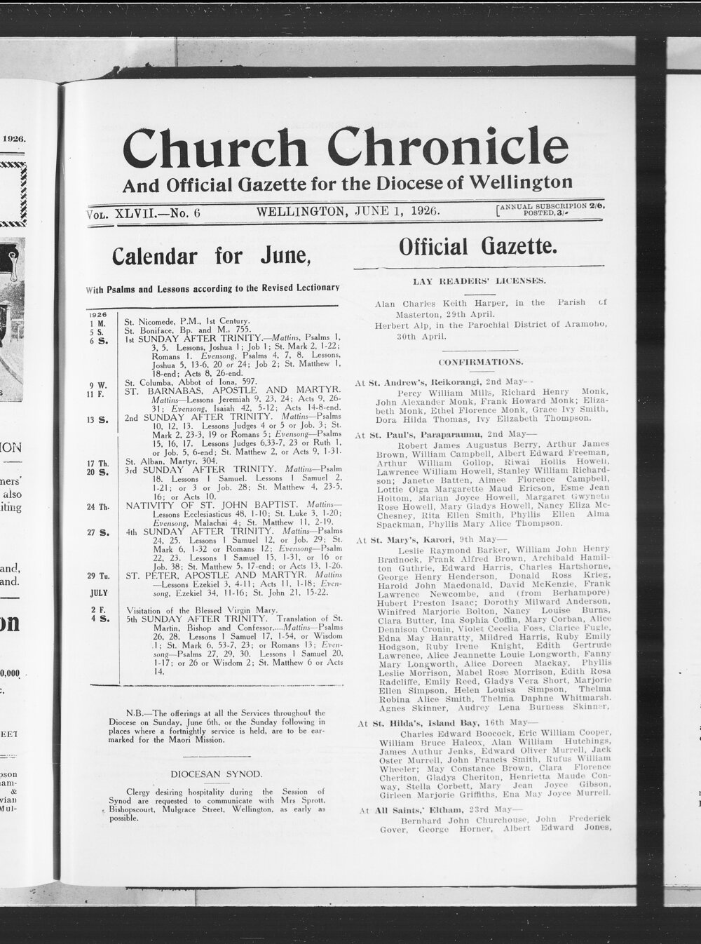 The Church Chronicle, Wellington: 1st June 1926