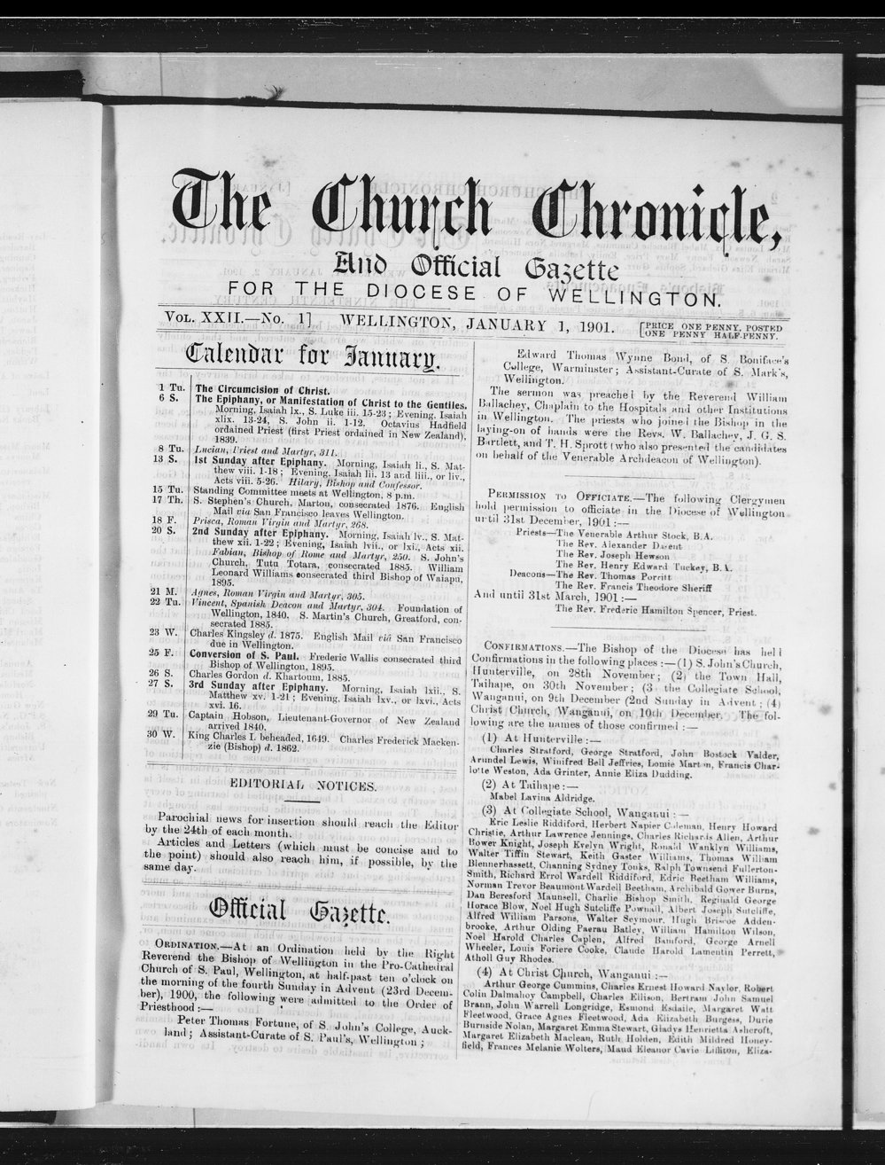 The Church Chronicle, Wellington: 1st January 1901