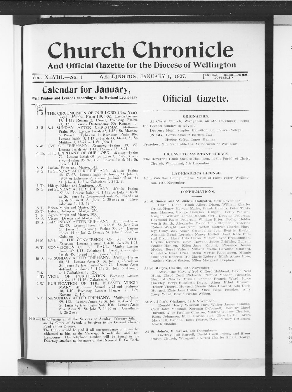 The Church Chronicle, Wellington: 1st January 1927