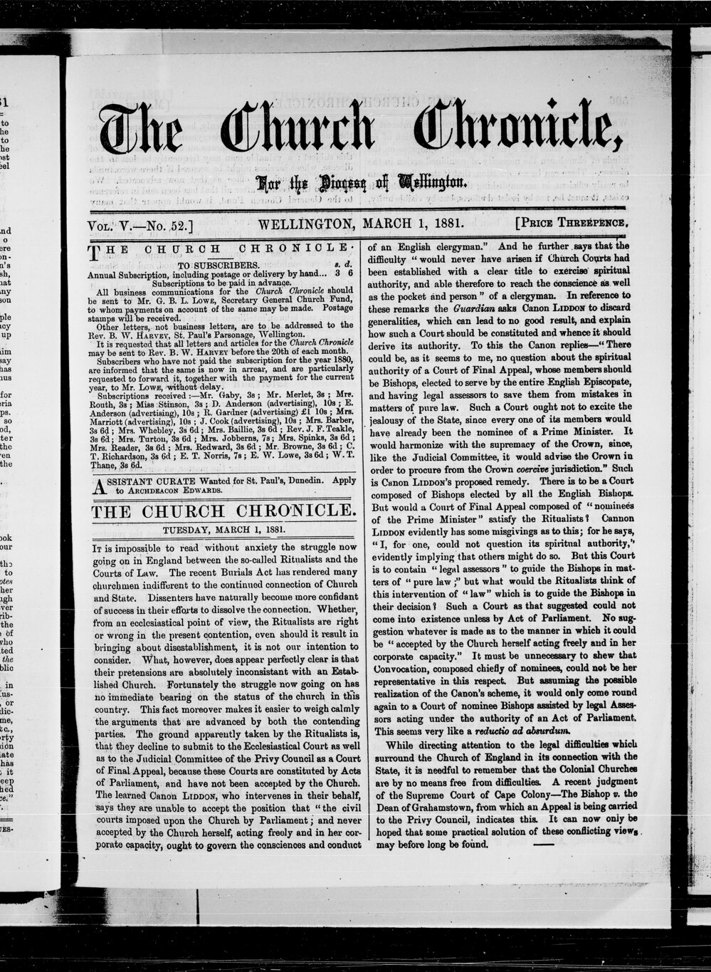 The Church Chronicle, Wellington: 1st March 1881