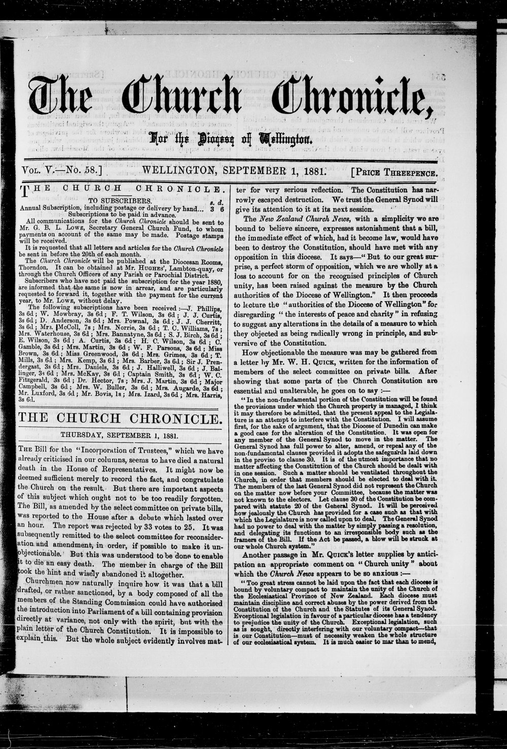 The Church Chronicle, Wellington: 1st September 1881