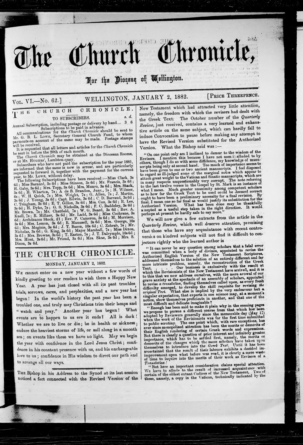 The Church Chronicle, Wellington: 1st January 1882