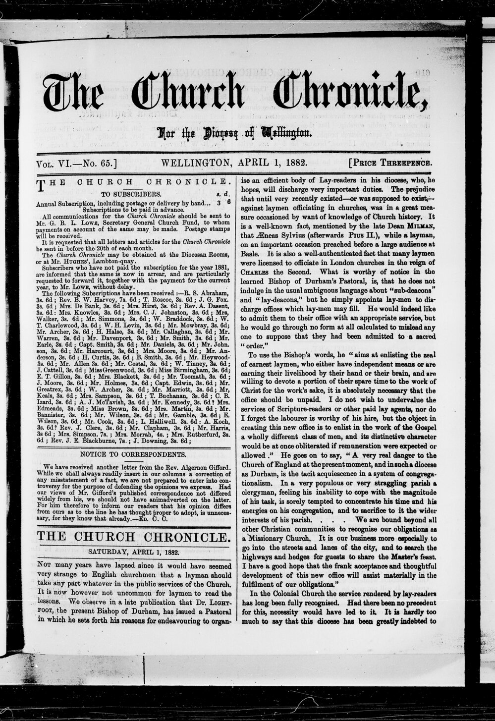 The Church Chronicle, Wellington: 1st April 1882