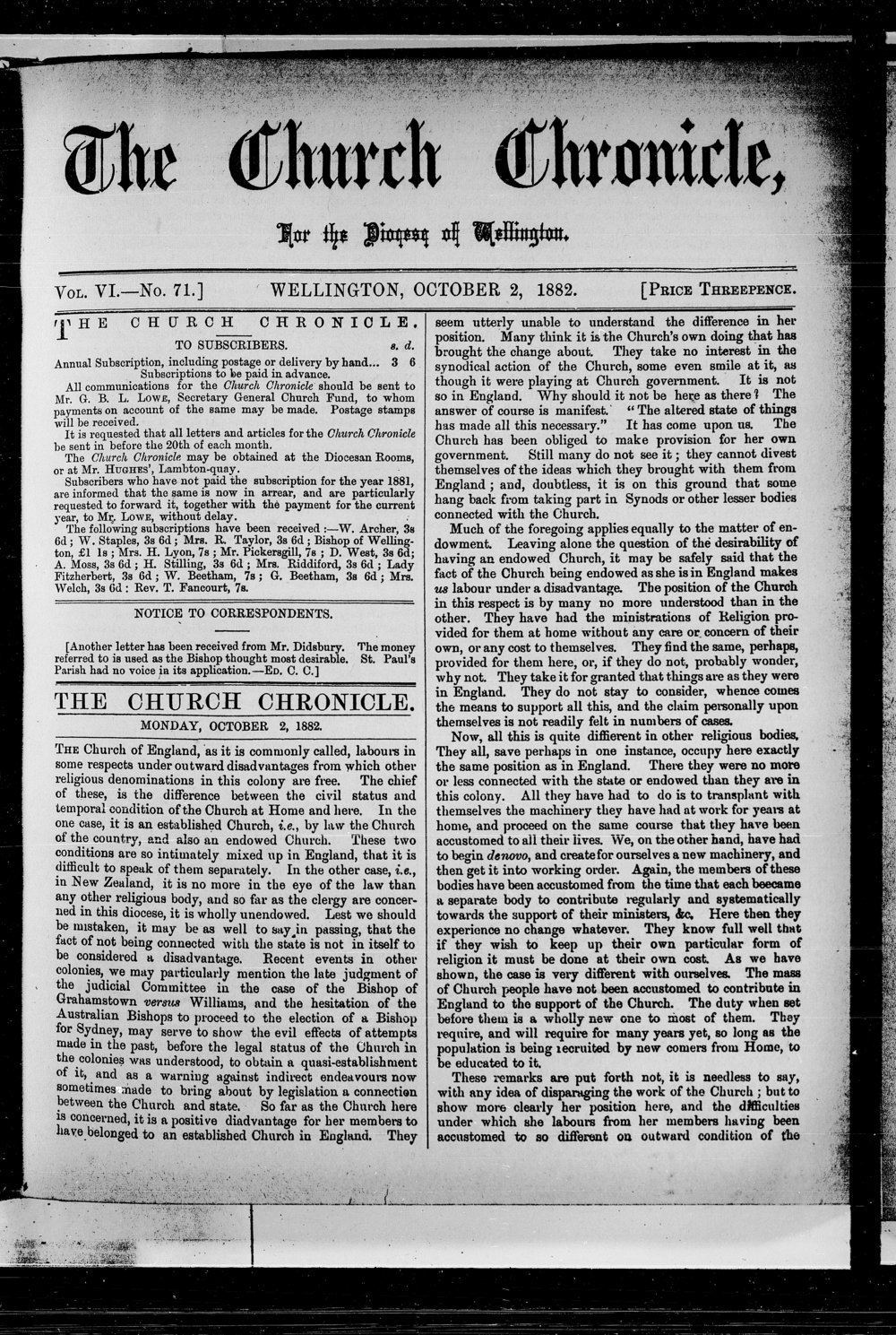 The Church Chronicle, Wellington: 1st October 1882