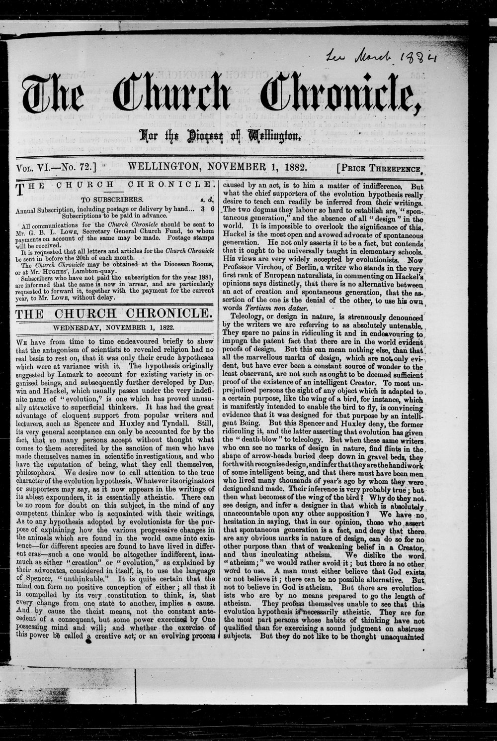 The Church Chronicle, Wellington: 1st November 1882