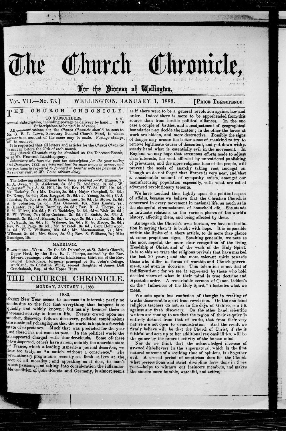 The Church Chronicle, Wellington: 1st January 1883