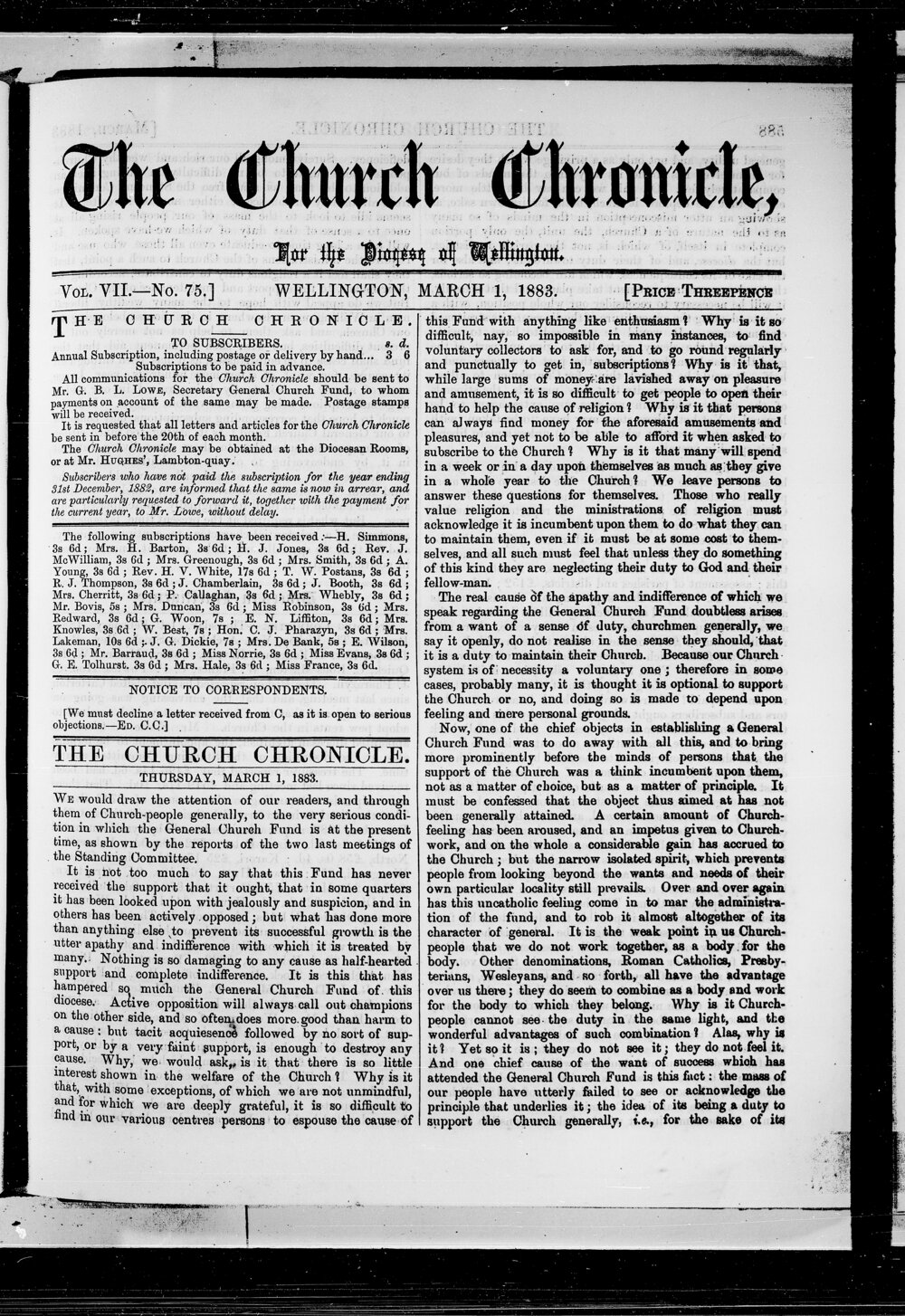 The Church Chronicle, Wellington: 1st March 1883