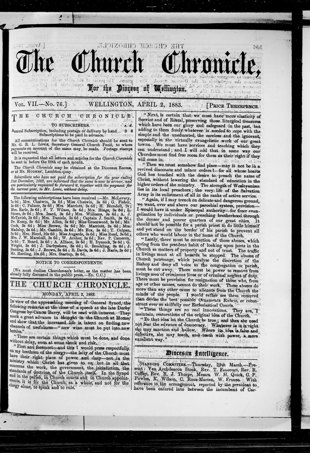 The Church Chronicle, Wellington: 2nd April 1883