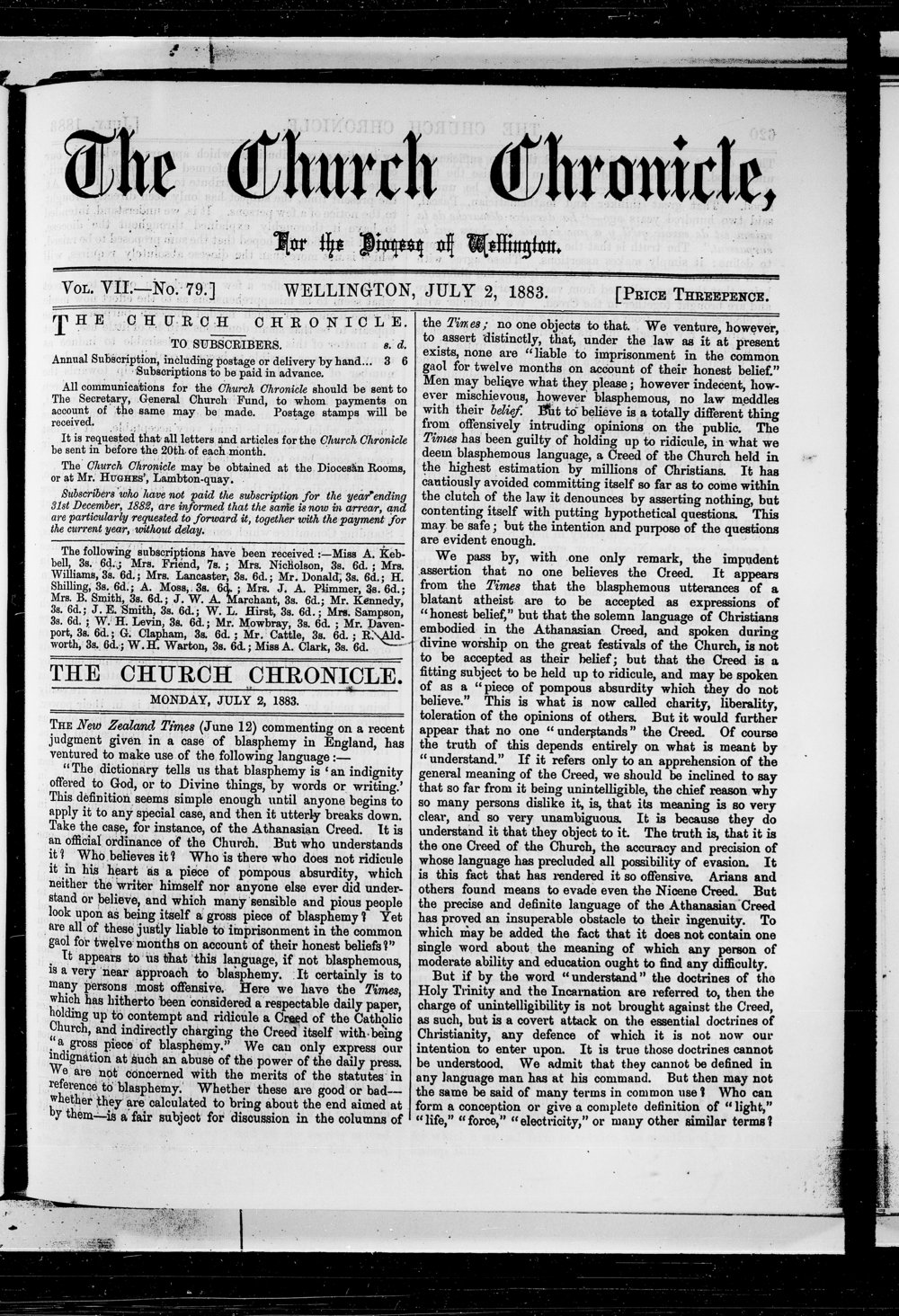 The Church Chronicle, Wellington: 2nd July 1883