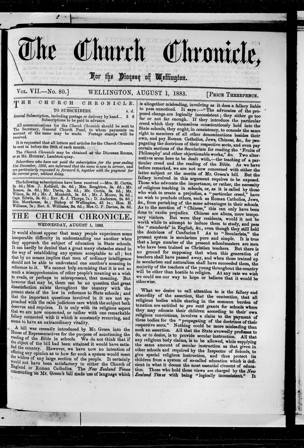 The Church Chronicle, Wellington: 1st August 1883