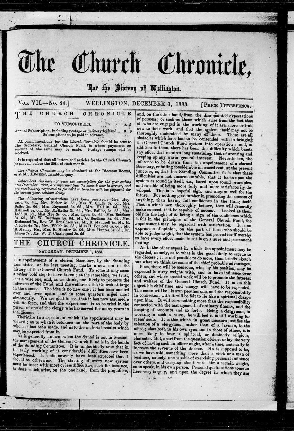 The Church Chronicle, Wellington: 1st December 1883