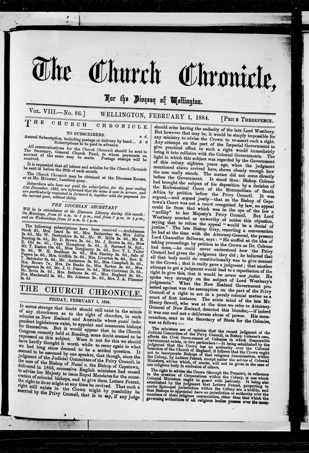 The Church Chronicle, Wellington: 1st February 1884