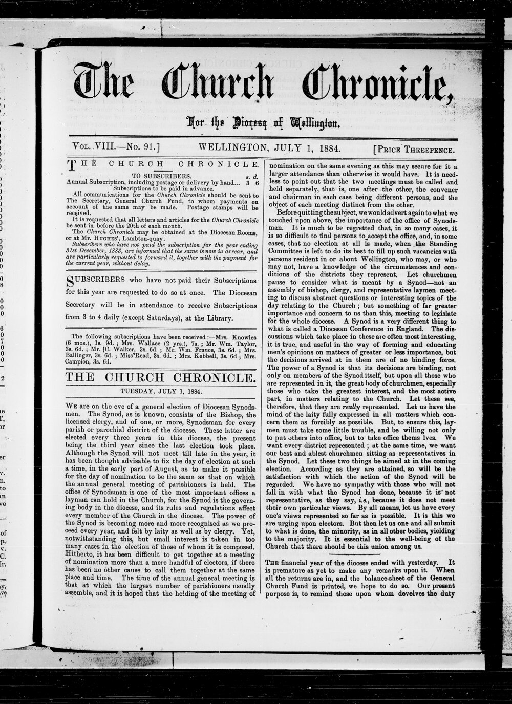 The Church Chronicle, Wellington: 1st July 1884