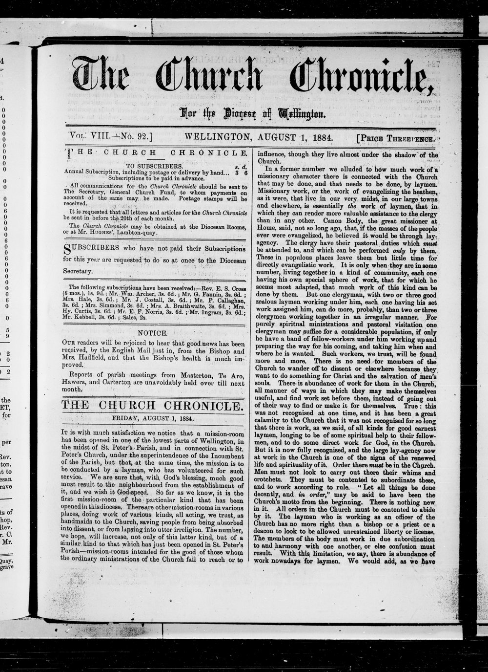 The Church Chronicle, Wellington: 1st August 1884
