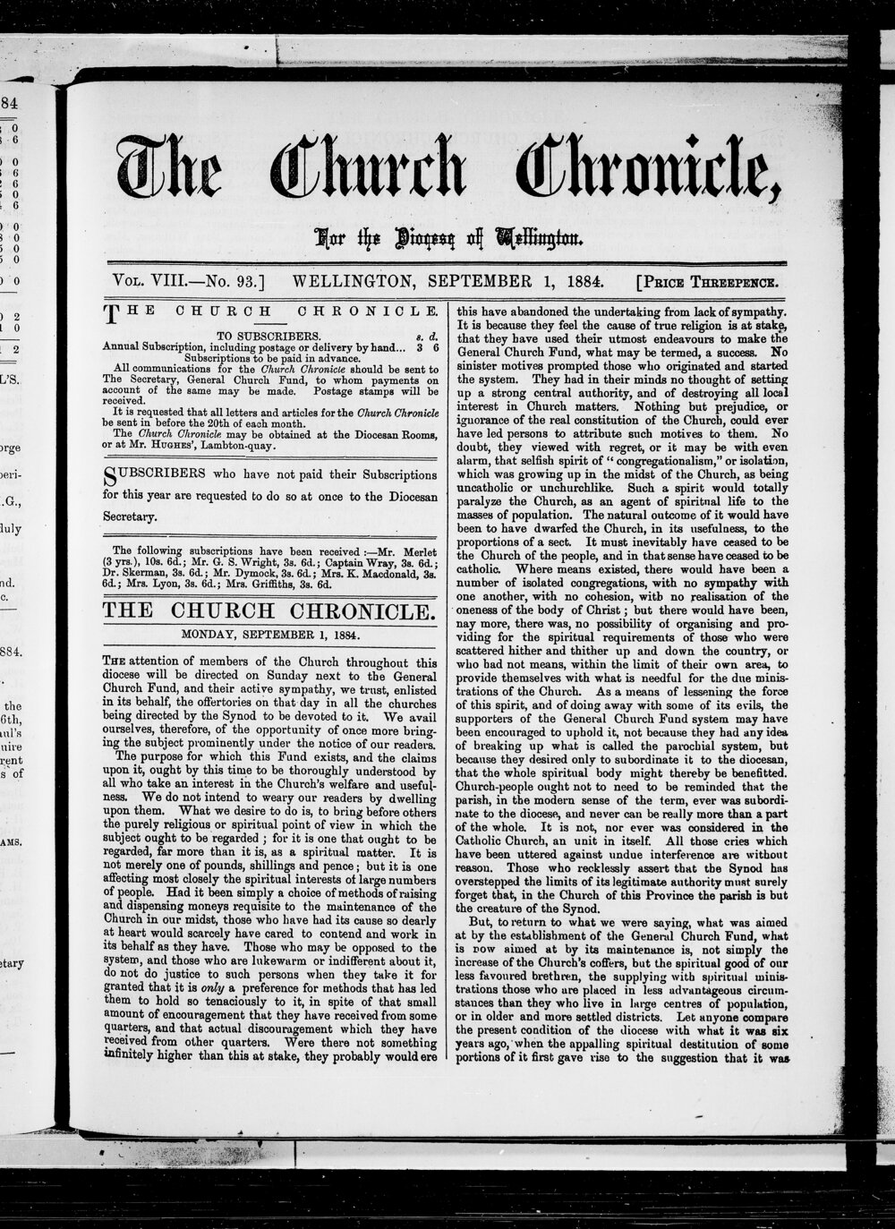 The Church Chronicle, Wellington: 1st September 1884