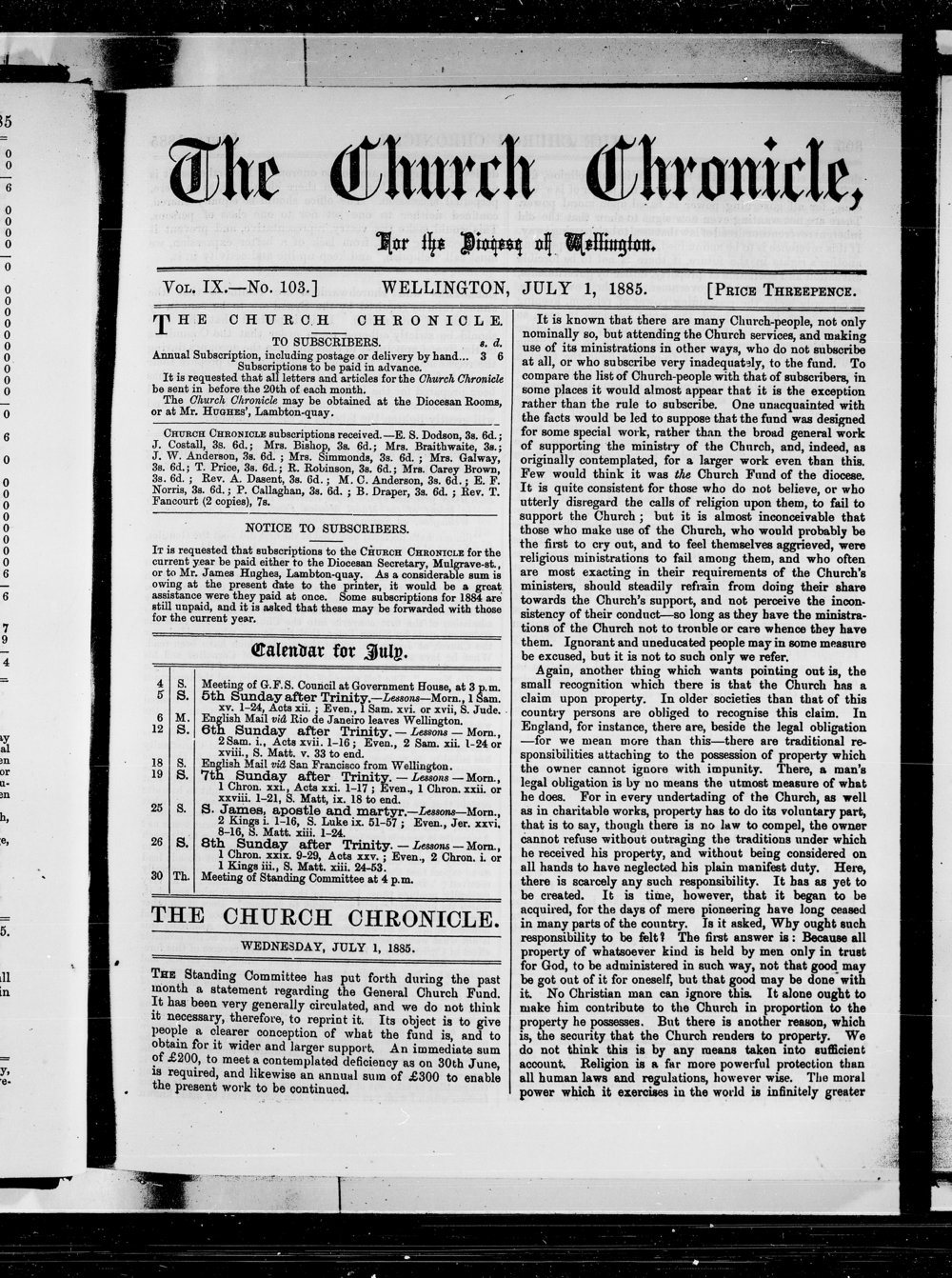 The Church Chronicle, Wellington: 1st July 1885