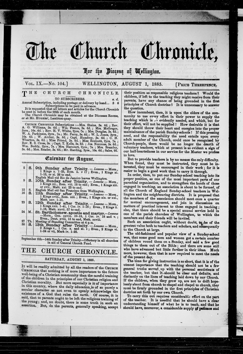The Church Chronicle, Wellington: 1st August 1885