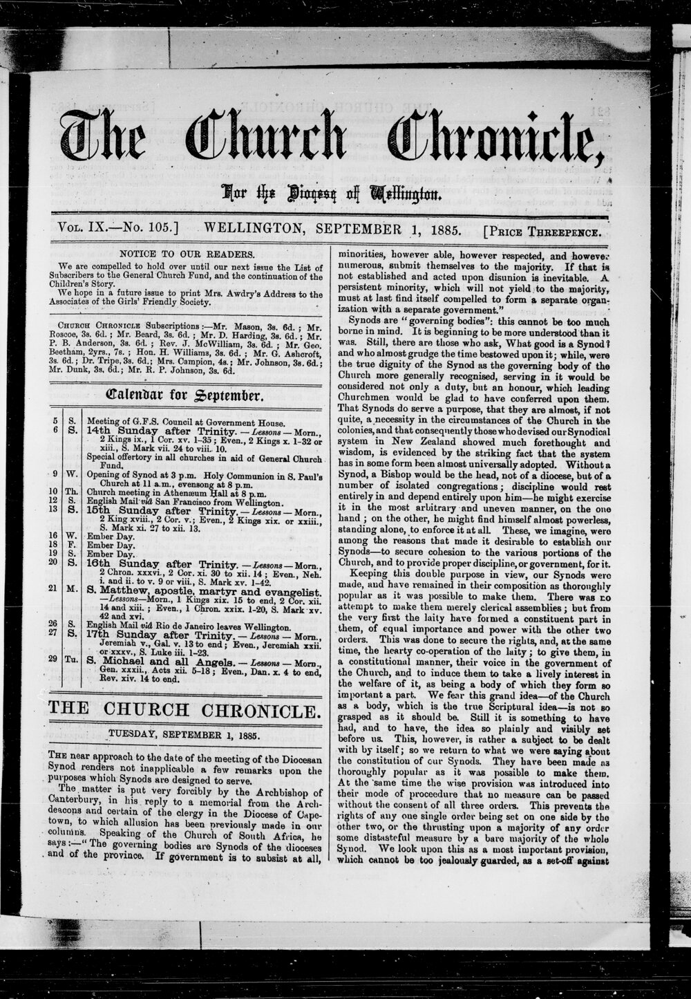 The Church Chronicle, Wellington: 1st September 1885