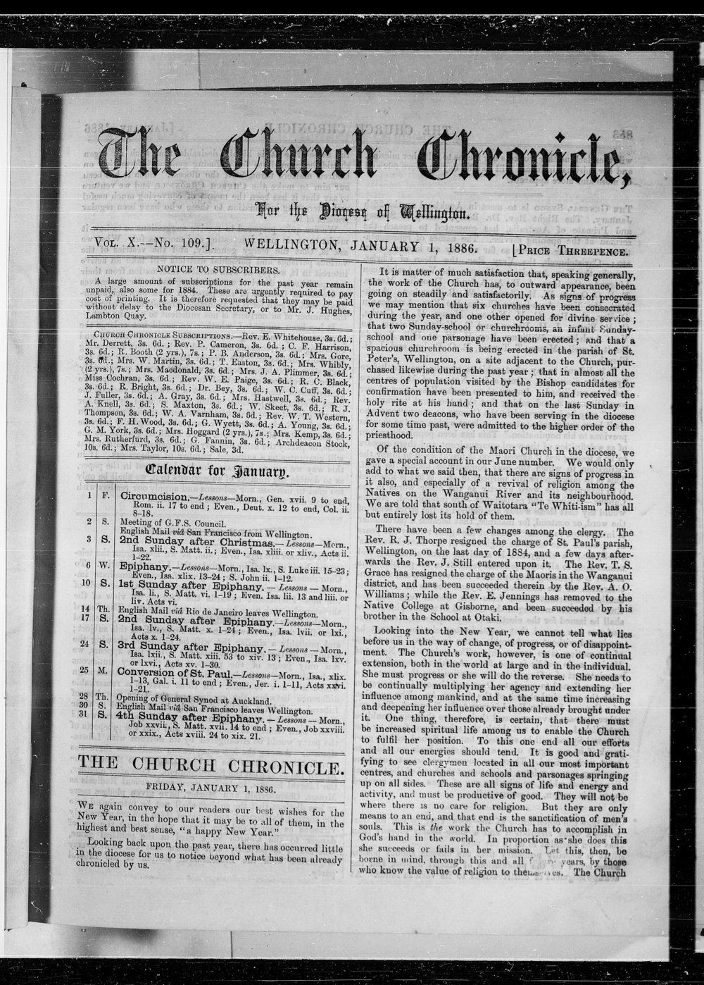The Church Chronicle, Wellington: 1st January 1886