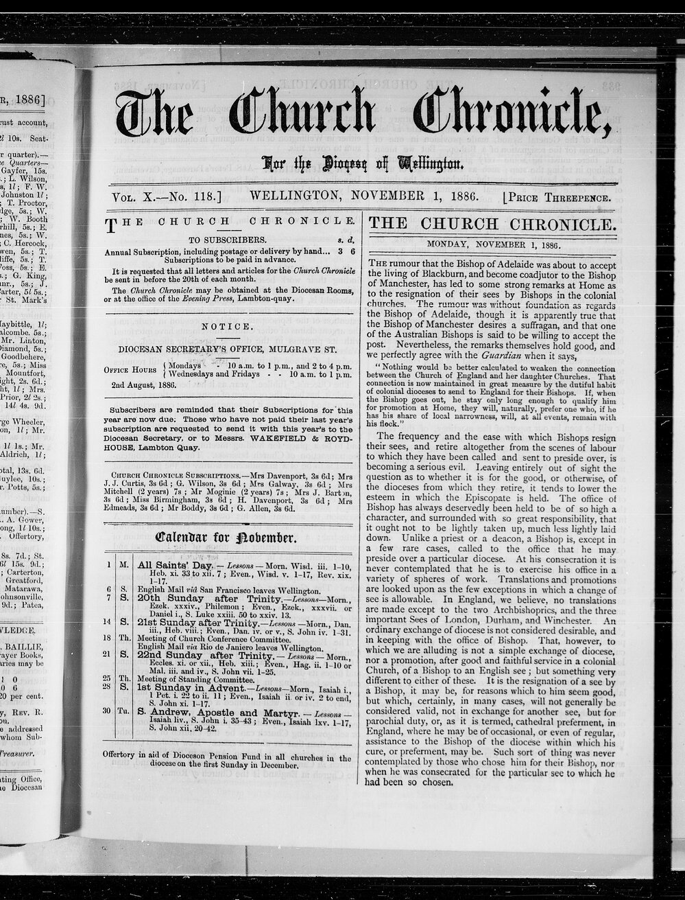 The Church Chronicle, Wellington: 1st November 1886