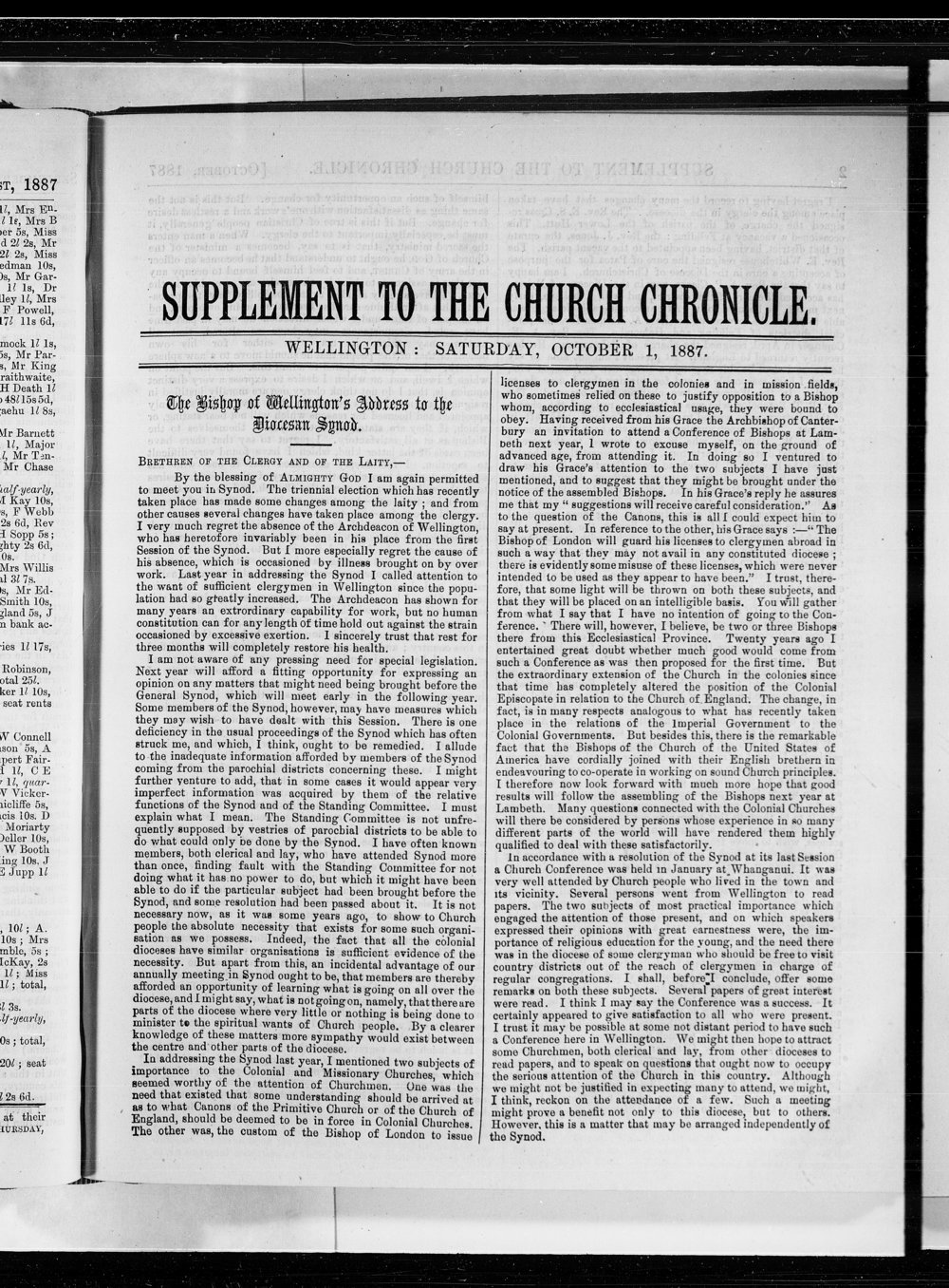 The Church Chronicle, Wellington: October 1887 Supplement