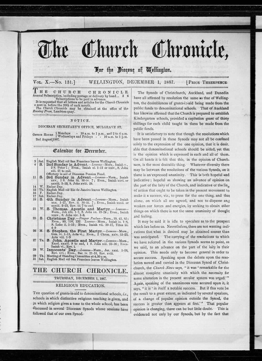 The Church Chronicle, Wellington: 1st December 1887