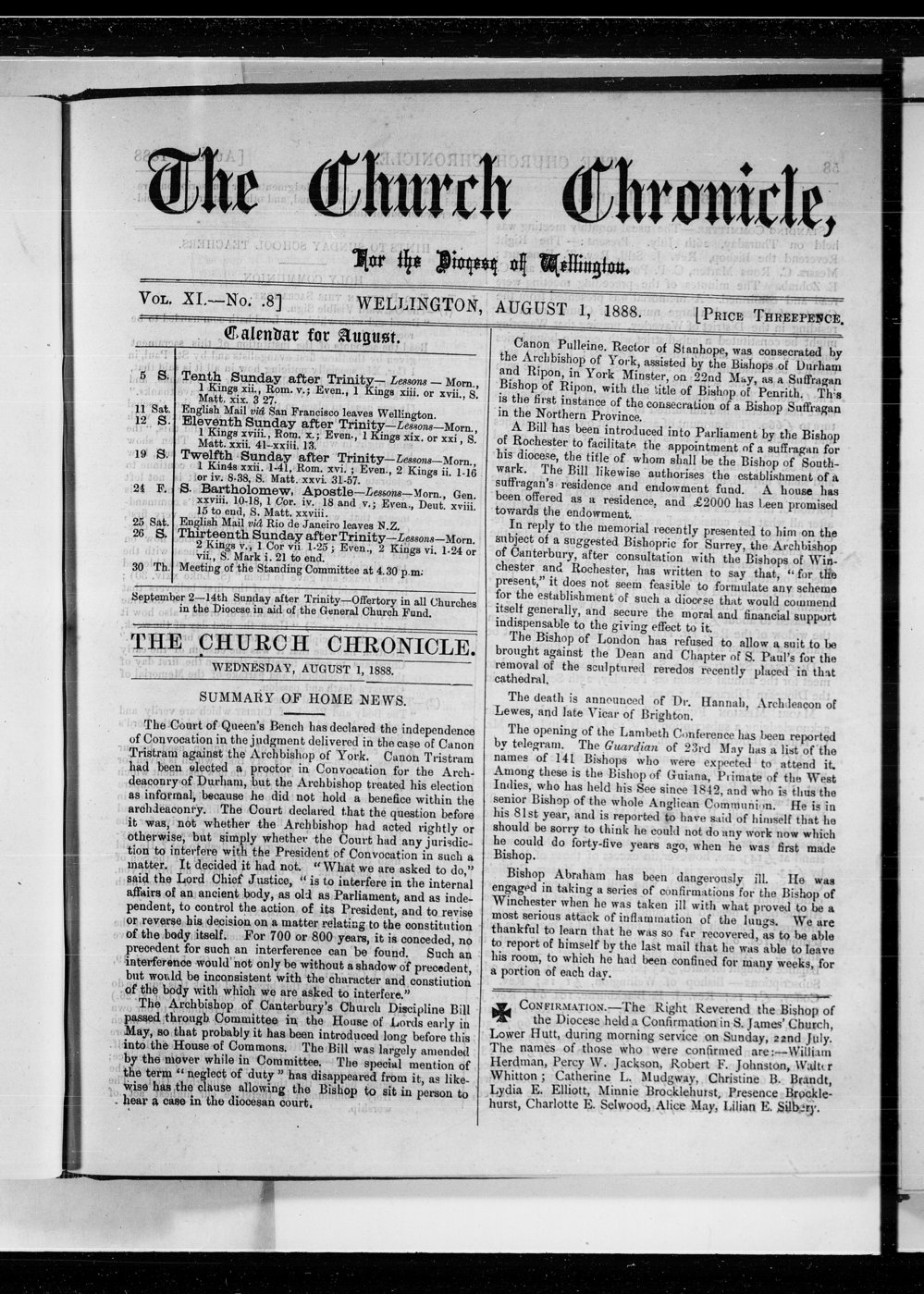 The Church Chronicle, Wellington: 1st August 1888