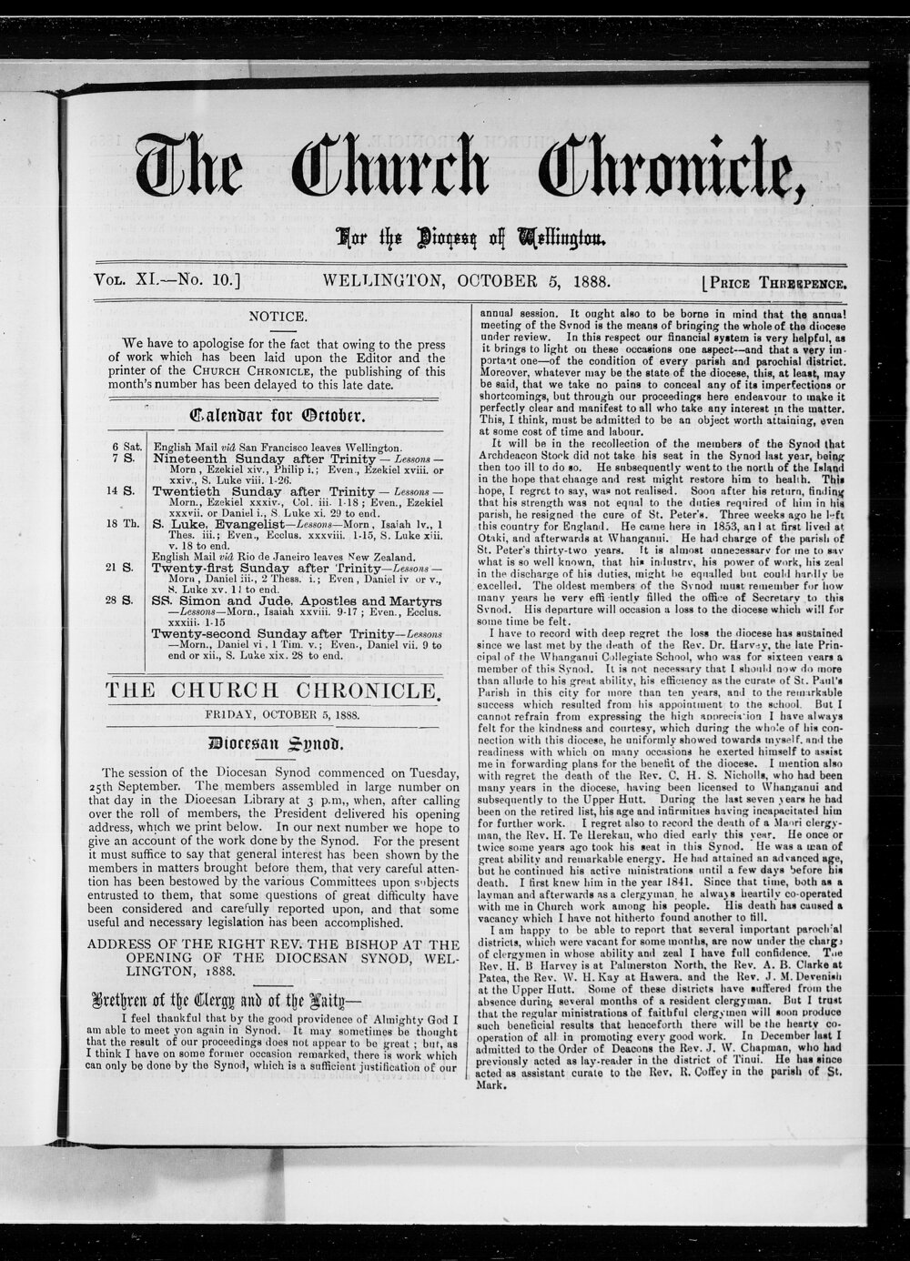 The Church Chronicle, Wellington: 5th October 1888