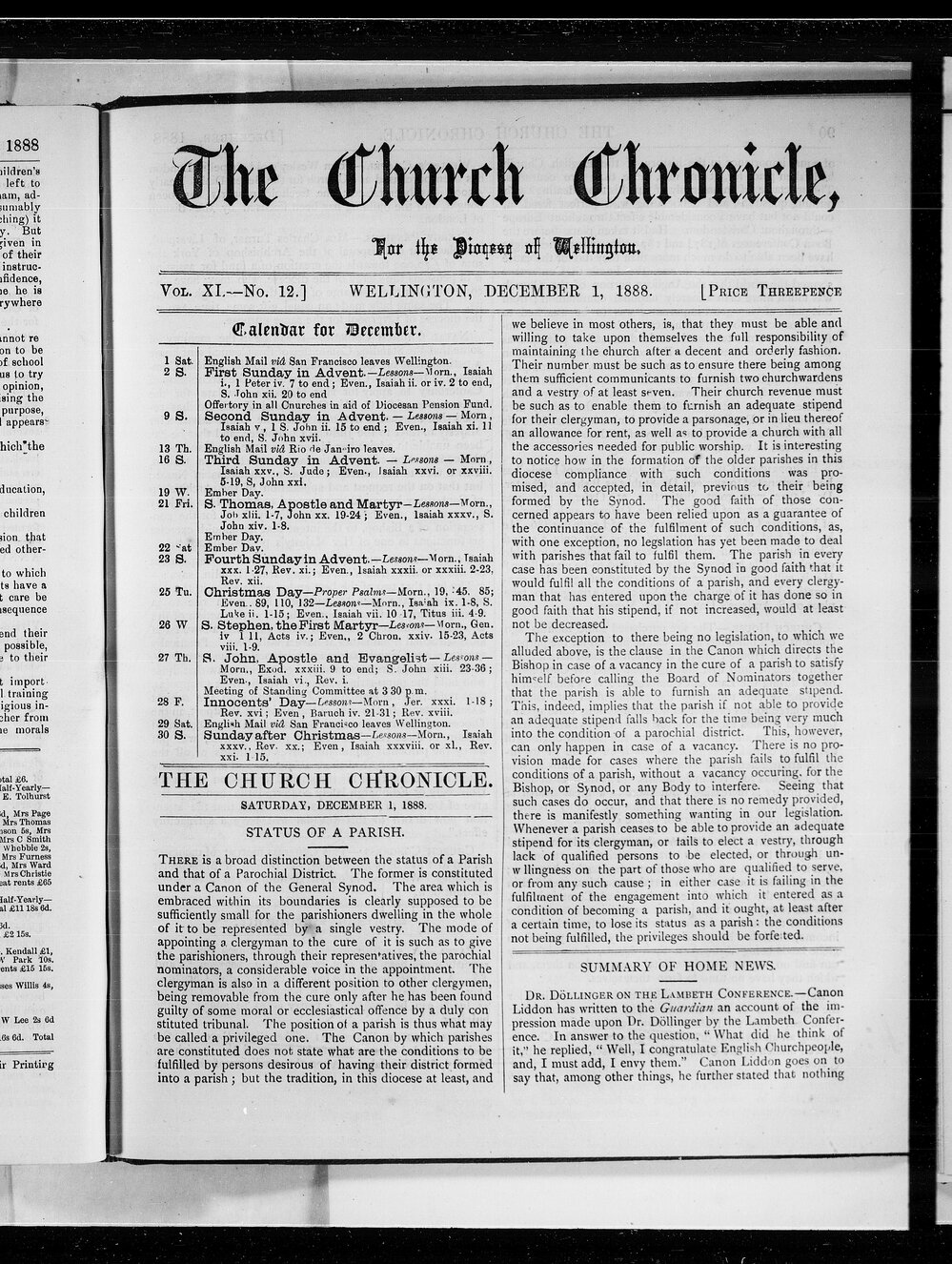 The Church Chronicle, Wellington: 1st December 1888