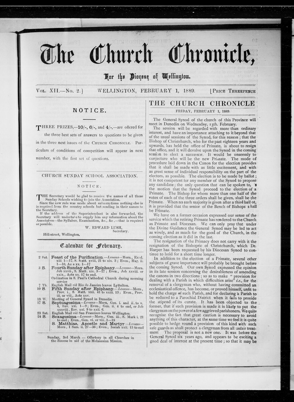 The Church Chronicle, Wellington: 1st February 1889