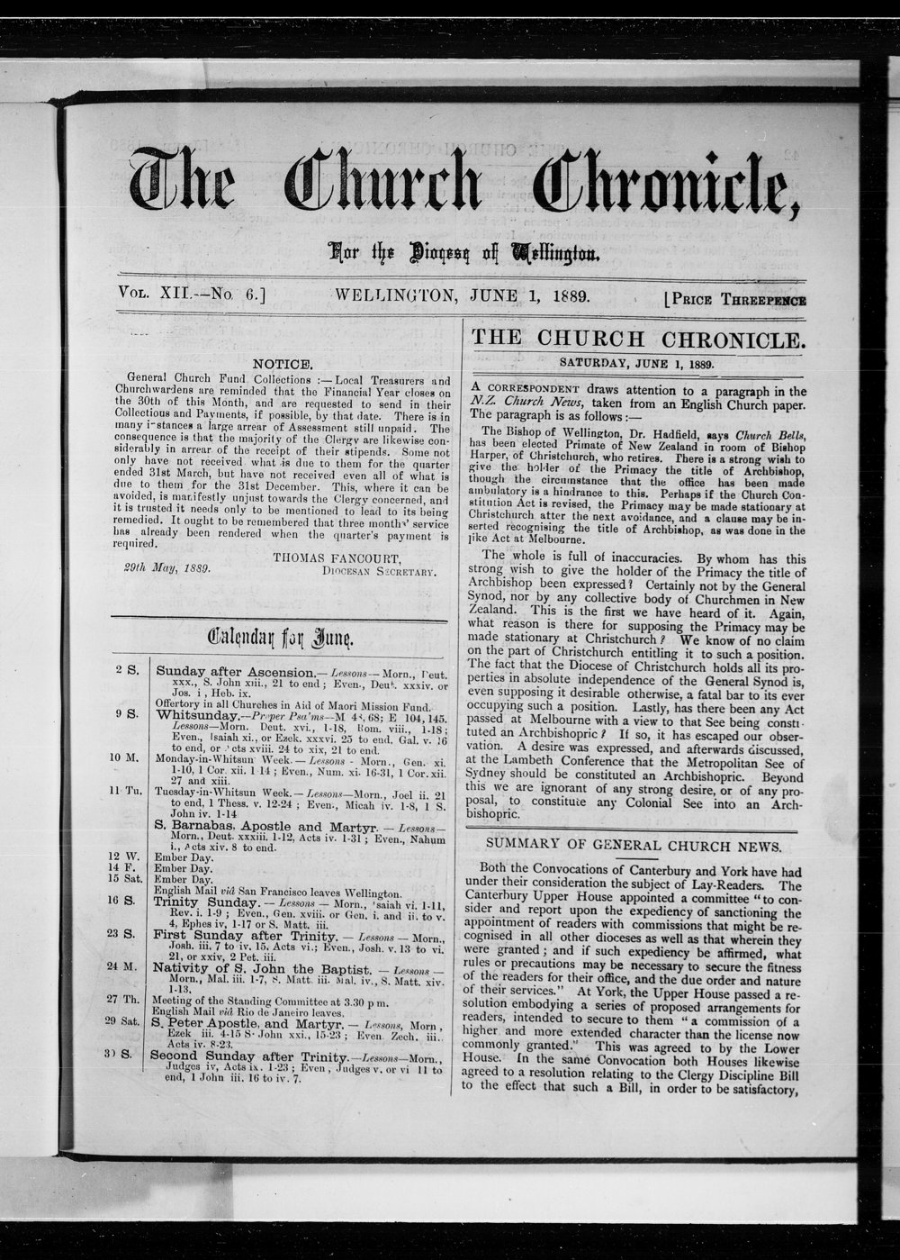The Church Chronicle, Wellington: 1st June 1889