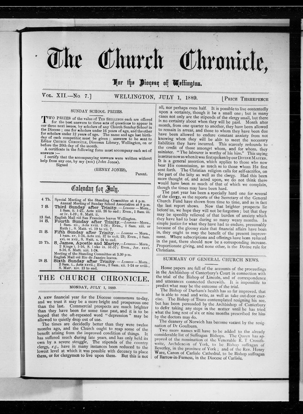 The Church Chronicle, Wellington: 1st July 1889